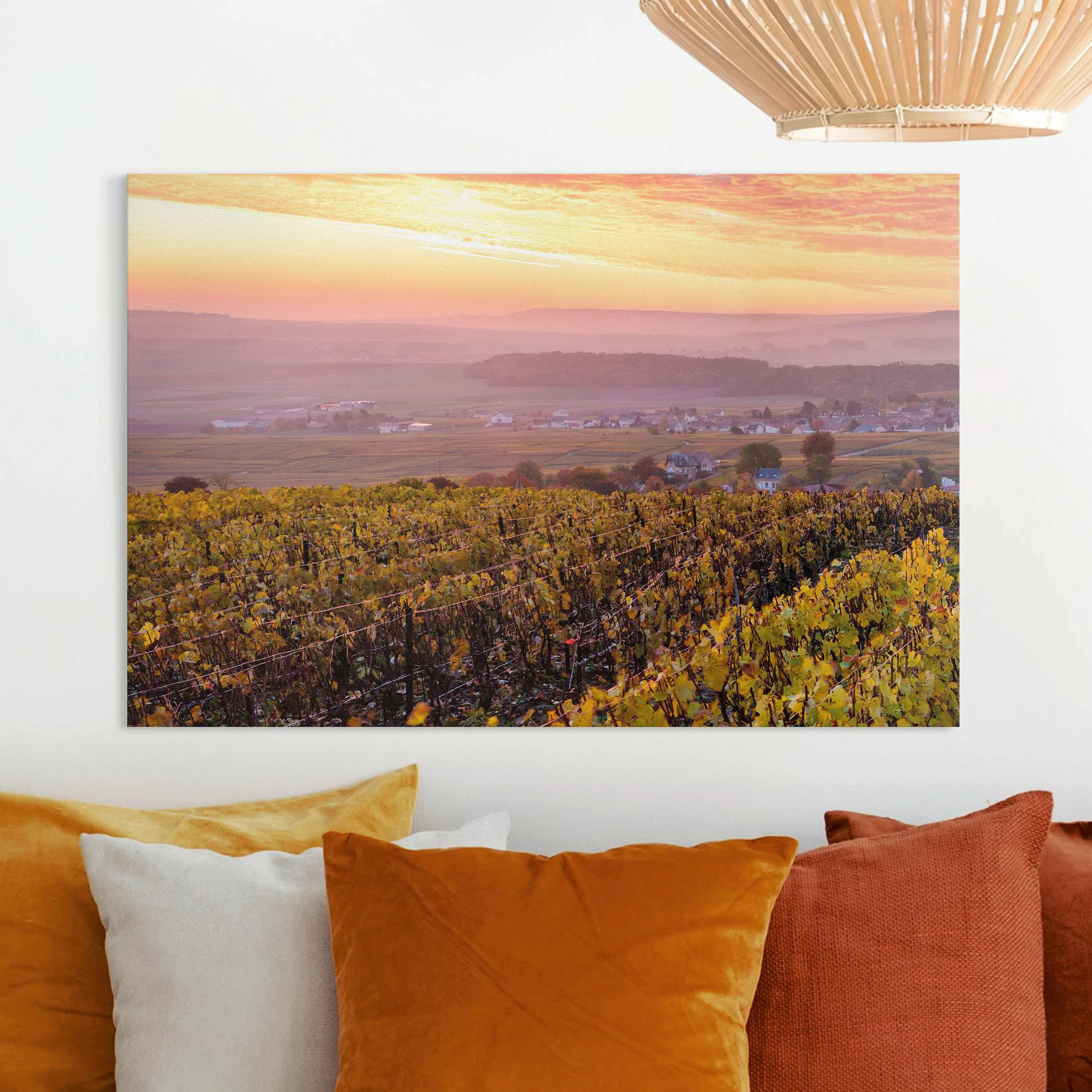 Leinwandbild Weinplantage bei Sonnenuntergang günstig online kaufen