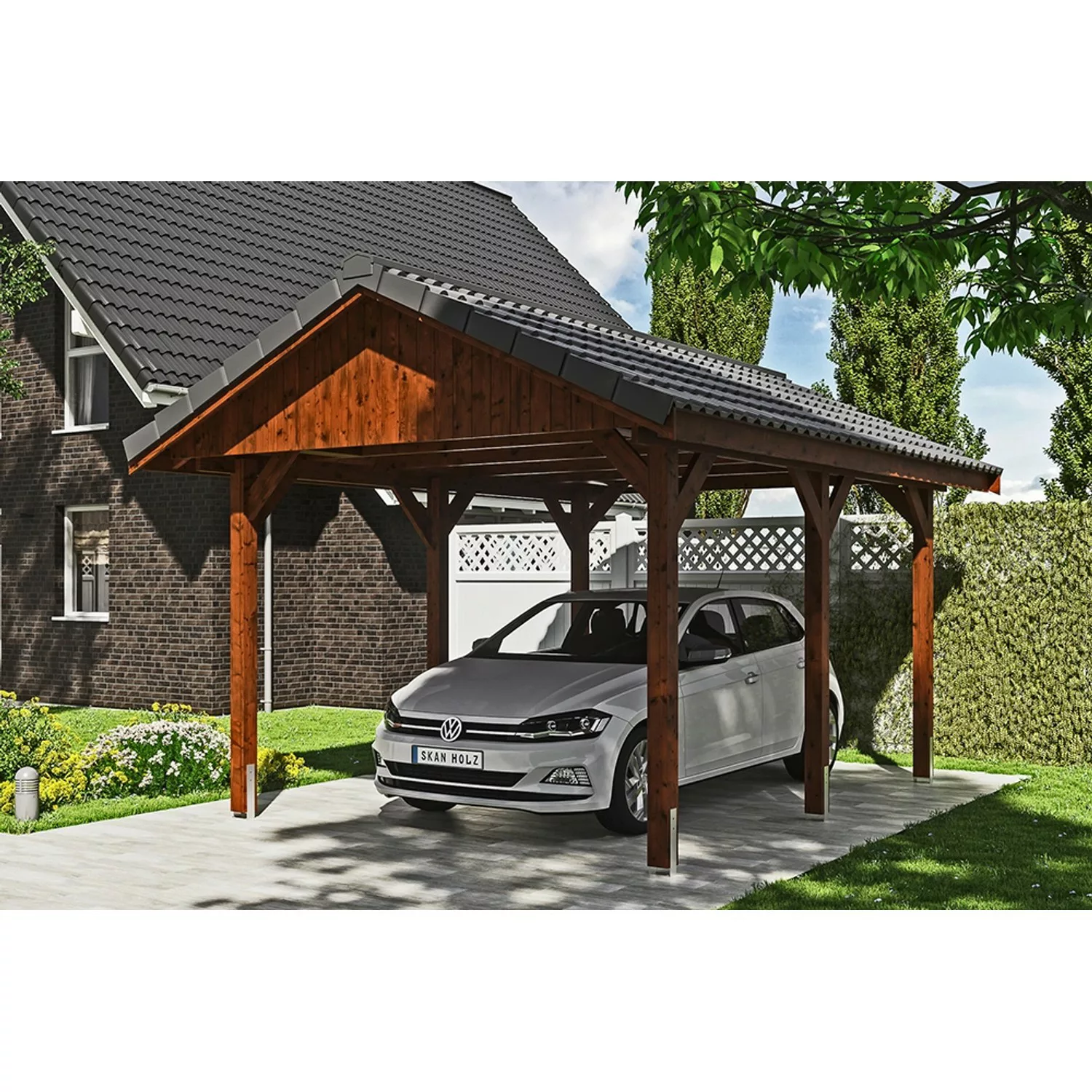 Satteldach-Carport Wallgau Nussbaum 380 x 500 cm Dachlattung günstig online kaufen