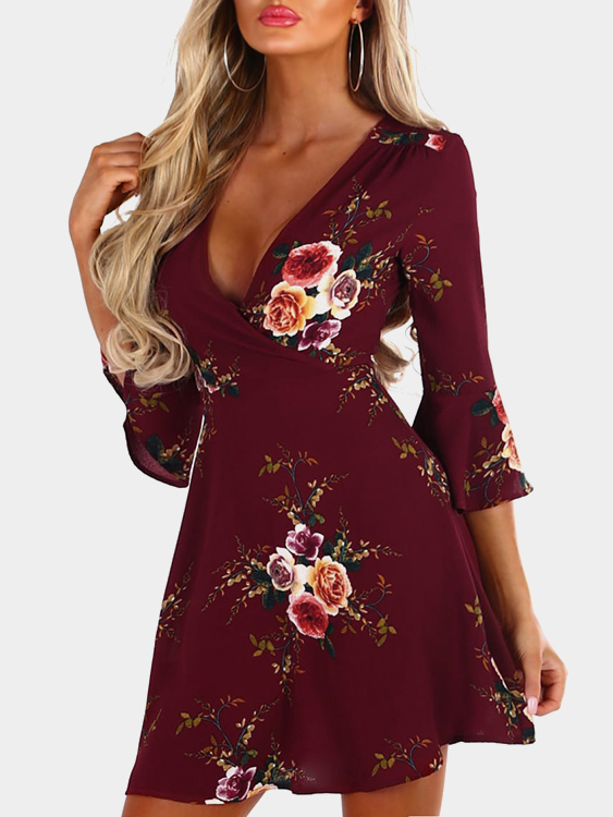 Burgunder Random Floral Print Kreuzkragen Glockenärmel Kleid mit Reißversch günstig online kaufen