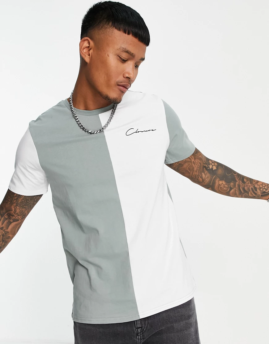 Closure – T-Shirt in Weiß und Grau im Blockfarbendesign mit Logoprint günstig online kaufen