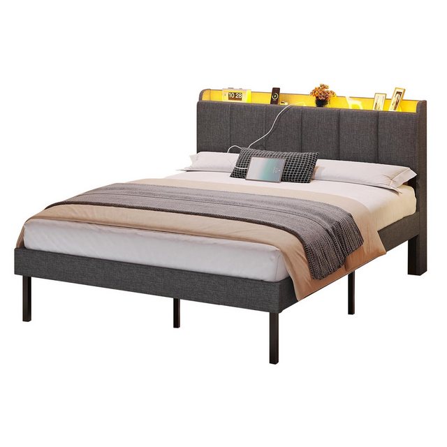 MSMASK Polsterbett 160x200 cm Bett, LED-Beleuchtung, Ladestation, dunkelgra günstig online kaufen