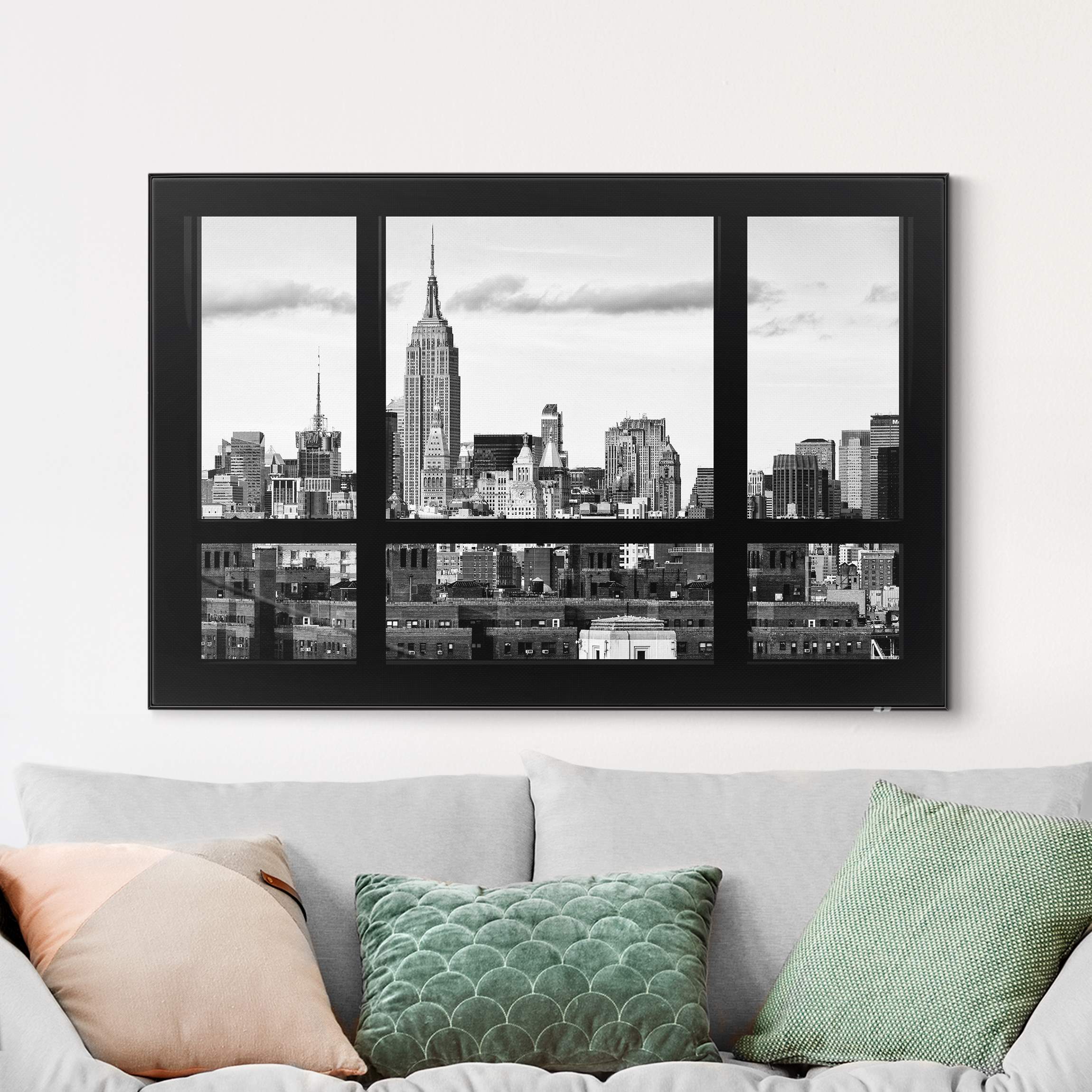 Wechselbild mit Spannrahmen Fensterblick New York Skyline schwarz weiß günstig online kaufen