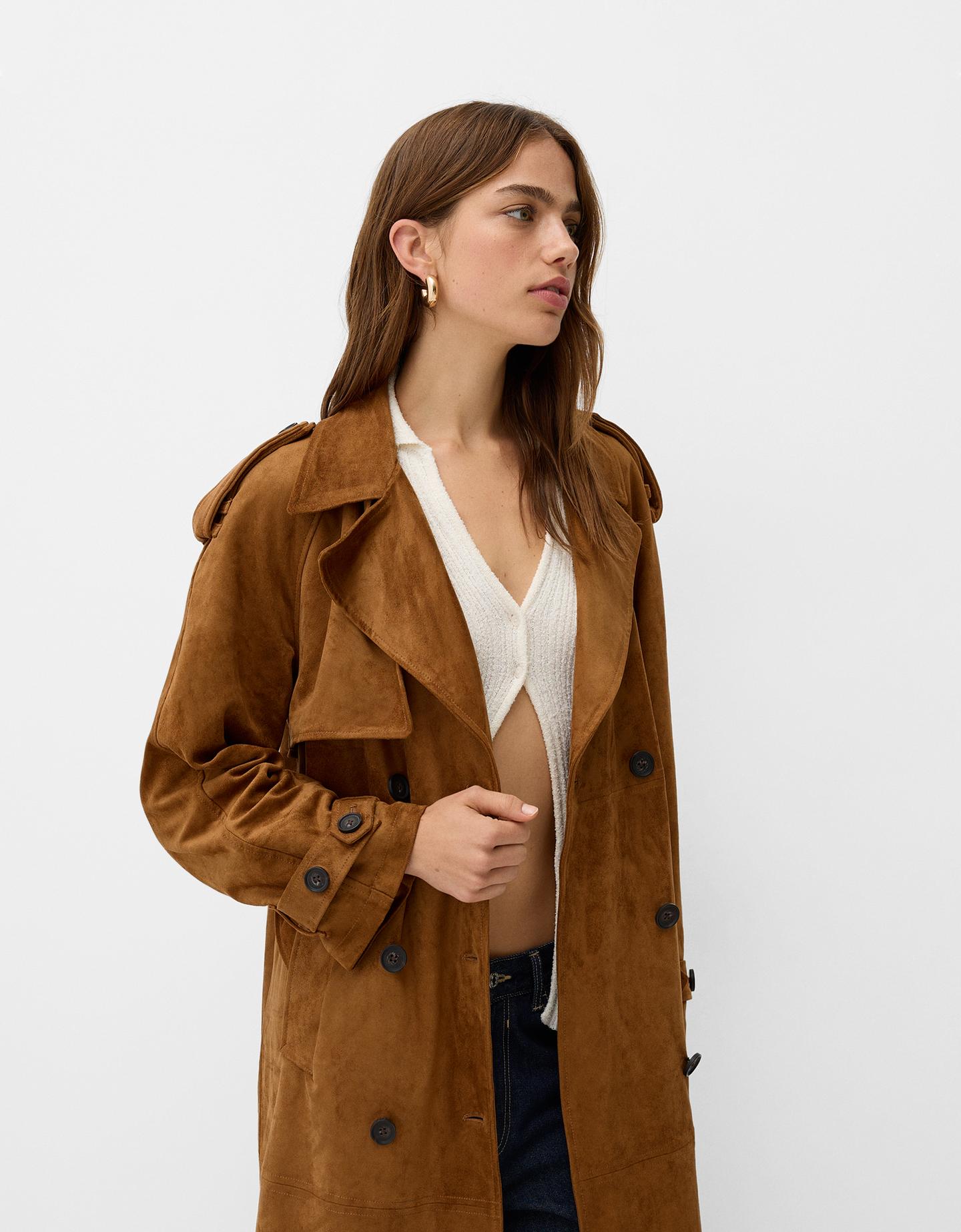 Bershka Trenchcoat Aus Wildlederimitat Damen M-L Hellbraun günstig online kaufen