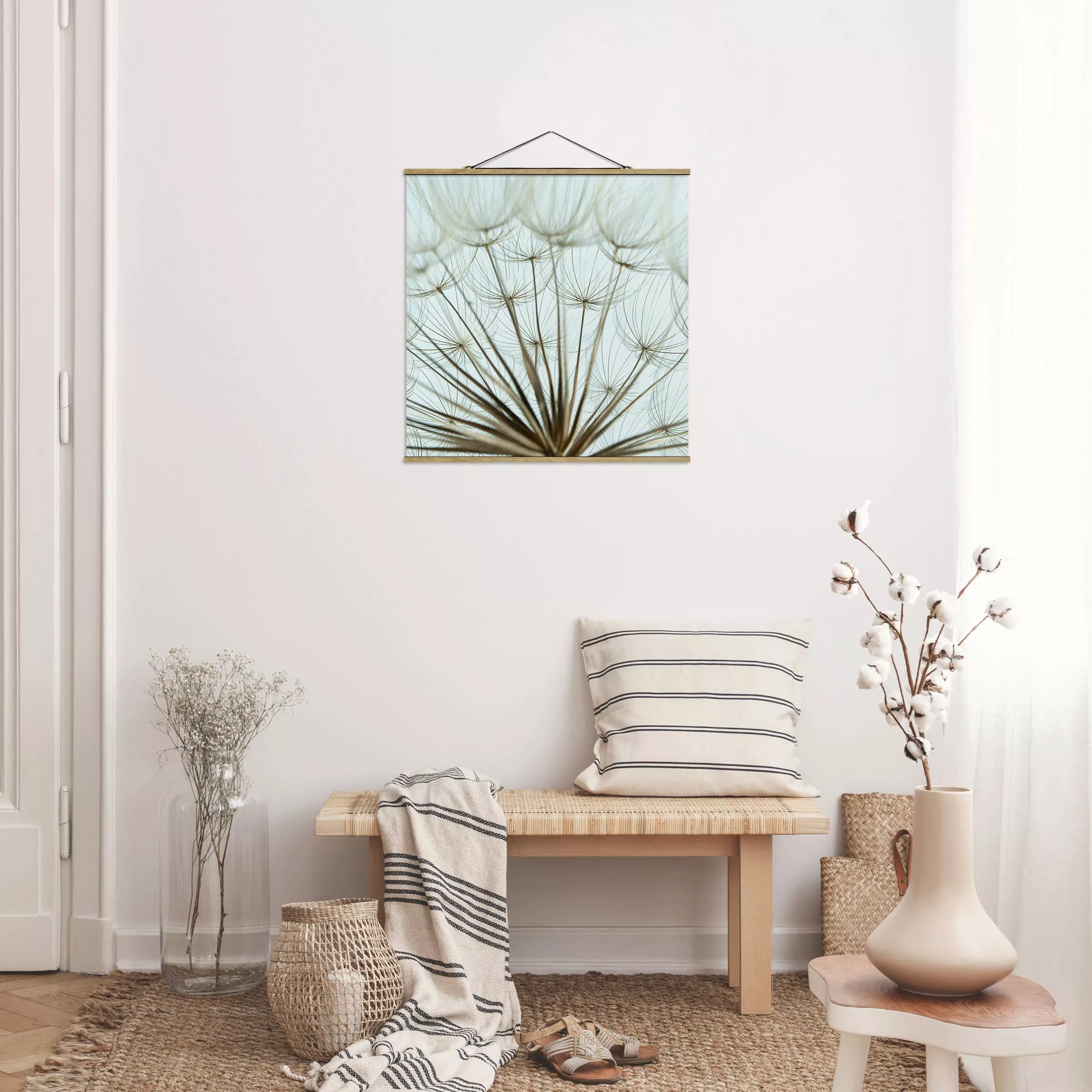 Stoffbild Blumen mit Posterleisten - Quadrat Schöne Pusteblume Makroaufnahm günstig online kaufen