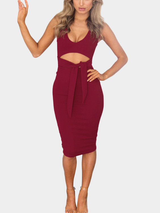 Bodycon Low V-Ausschnitt Taille Midi Kleid in Burgund günstig online kaufen