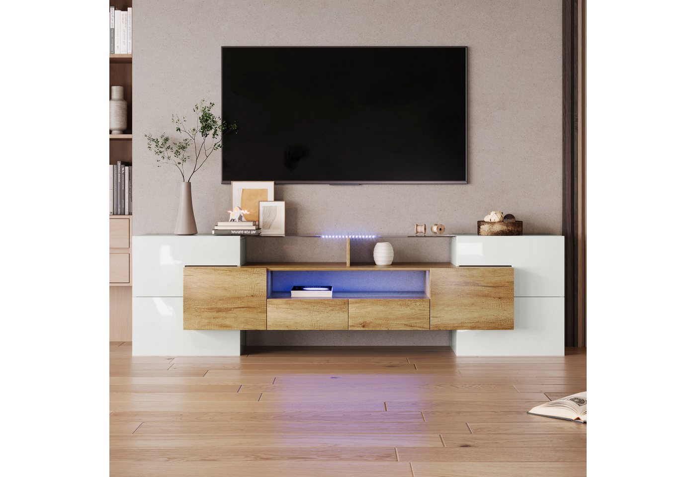 WISHDOR TV-Schrank Lowboard (1-St., Weiß, 200 cm) Elegante Glasoberfläche., günstig online kaufen