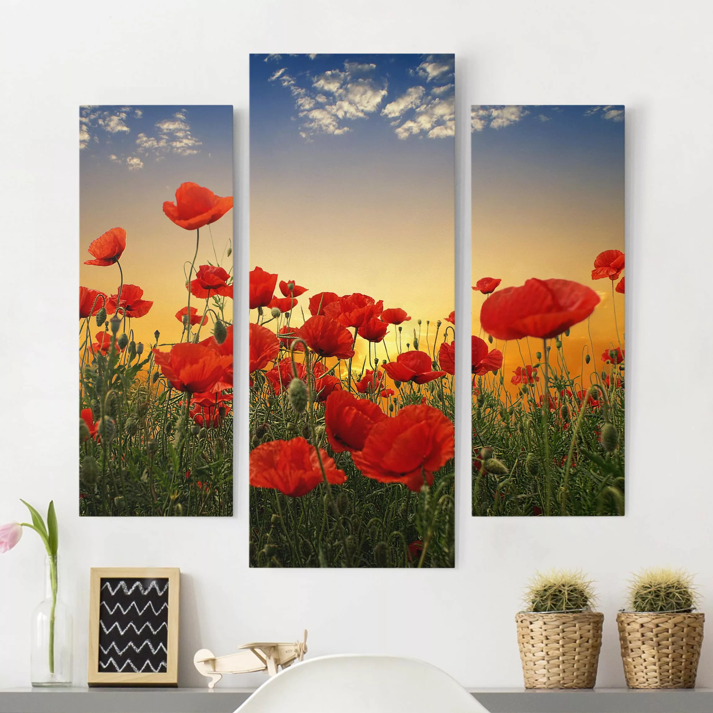 3-teiliges Leinwandbild Blumen - Querformat Mohnblumenfeld im Sonnenunterga günstig online kaufen