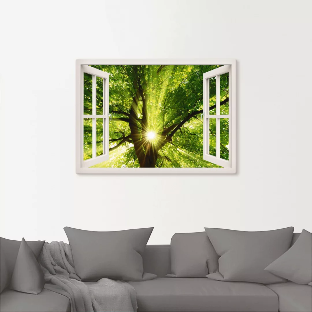 Artland Leinwandbild "Fensterblick Sonne strahlt durch Baum", Bäume, (1 St. günstig online kaufen
