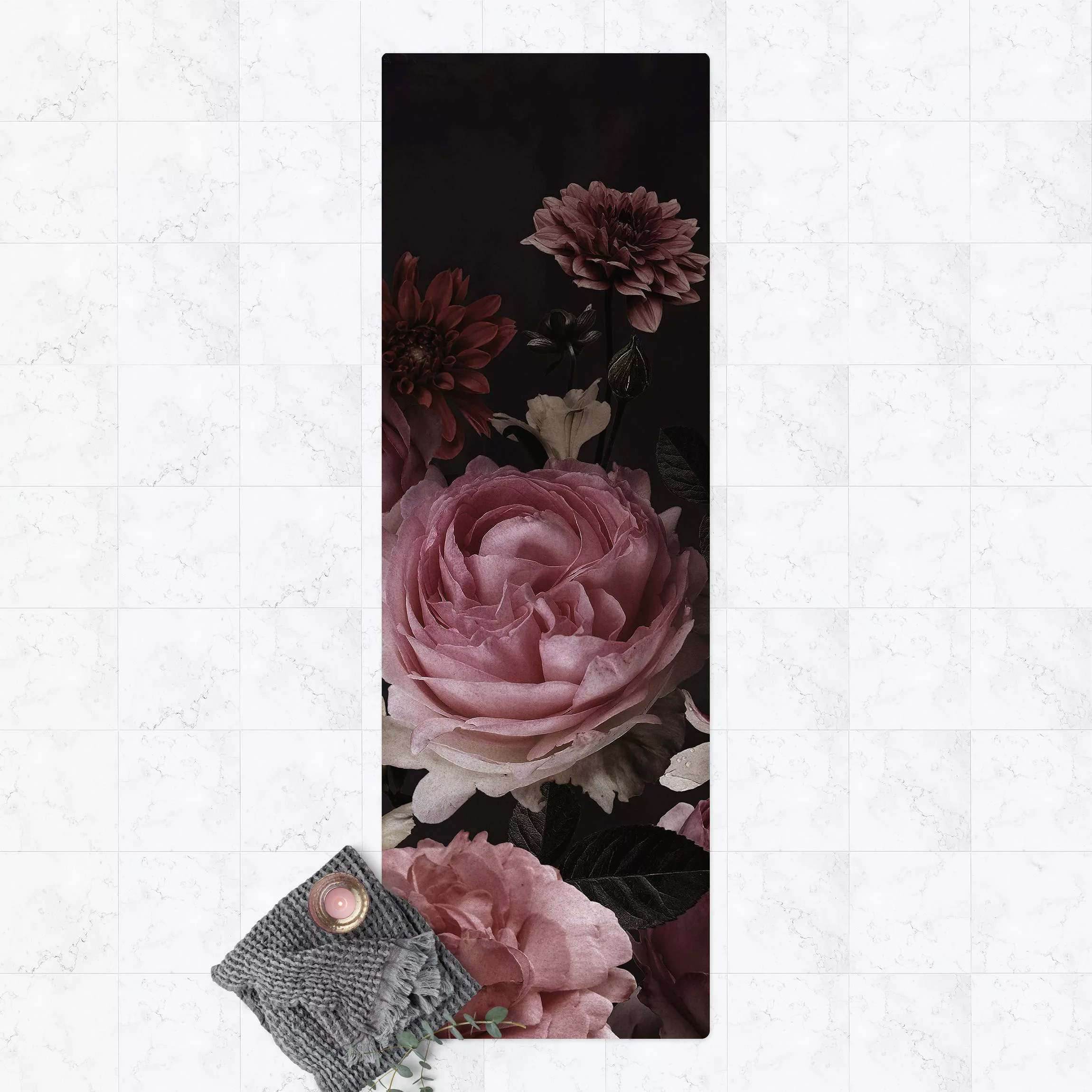 Kork-Teppich Rosa Blumen auf Schwarz Vintage günstig online kaufen