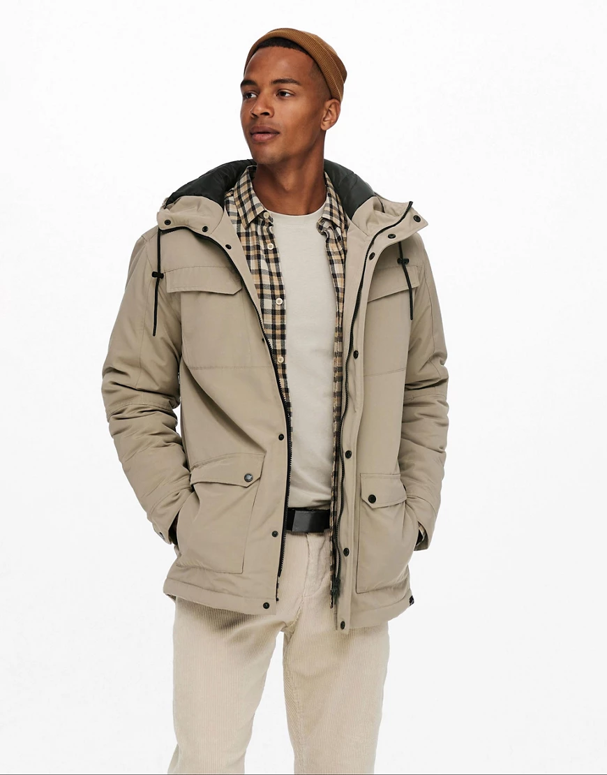 Only & Sons – Parka aus schwerem Material in Beige mit Kapuze-Neutral günstig online kaufen