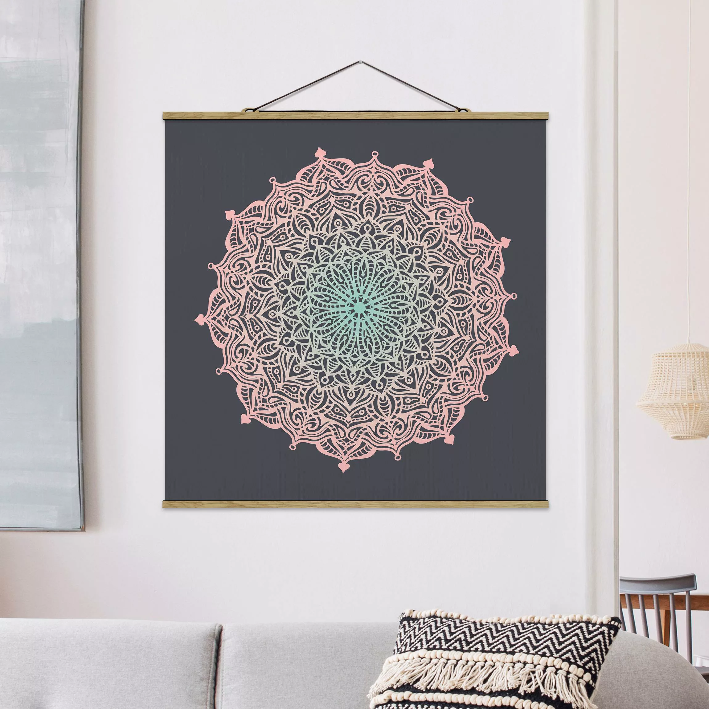 Stoffbild Mandala mit Posterleisten - Quadrat Mandala Ornament in Rose und günstig online kaufen