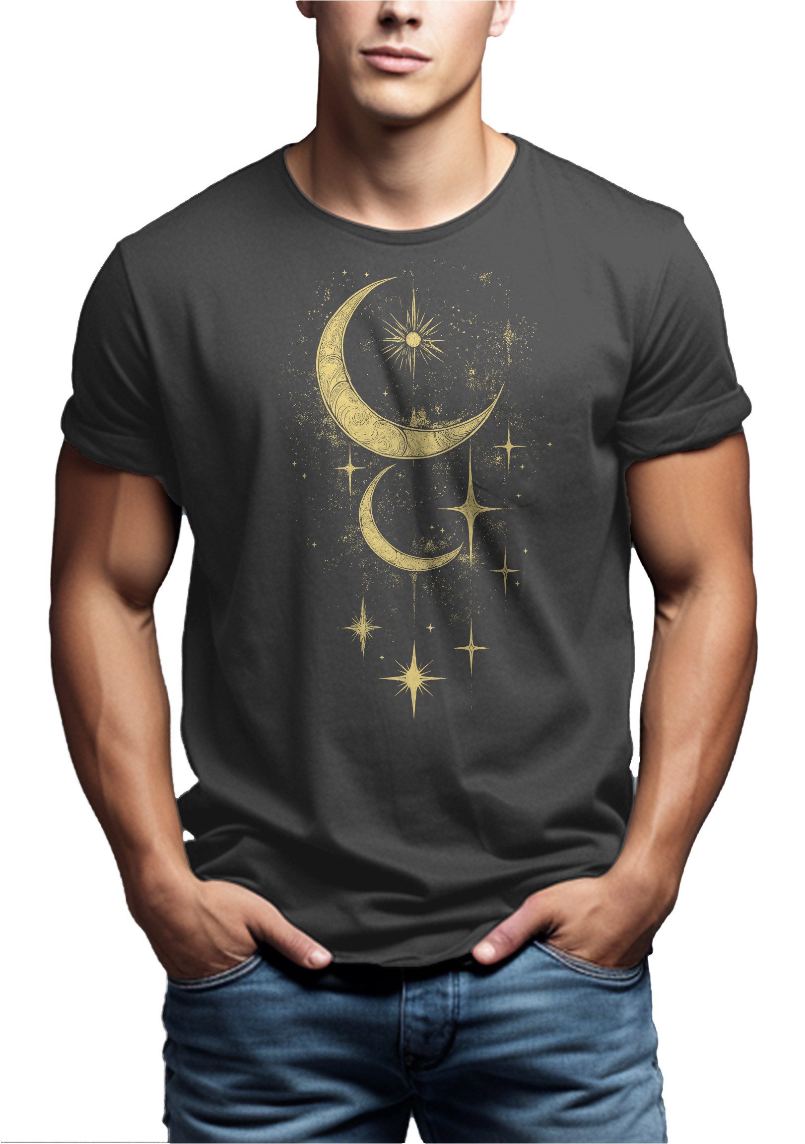 MAKAYA Kurzarmshirt Herren Sonne Mond Sterne günstig online kaufen