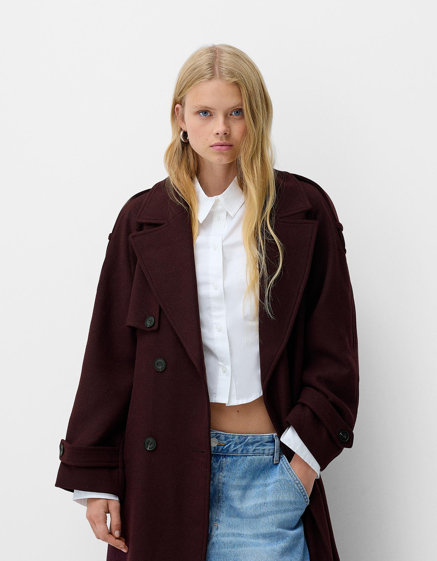 Bershka Oversize-Trenchcoat-Mantel Mit Wolle Damen S Bordeaux günstig online kaufen