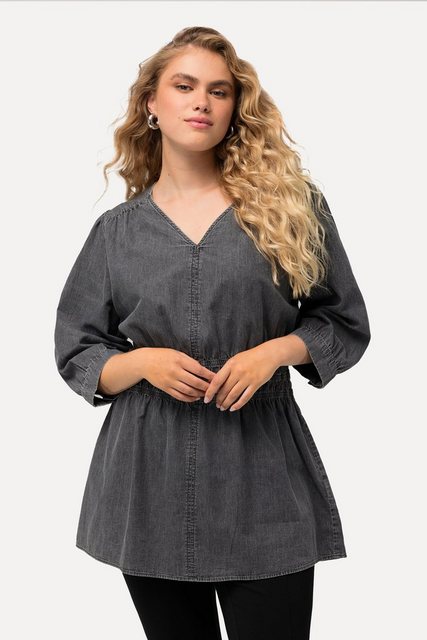 Ulla Popken Longbluse Jeansbluse Quernaht A-Linie V-Ausschnitt 3/4-Arm günstig online kaufen