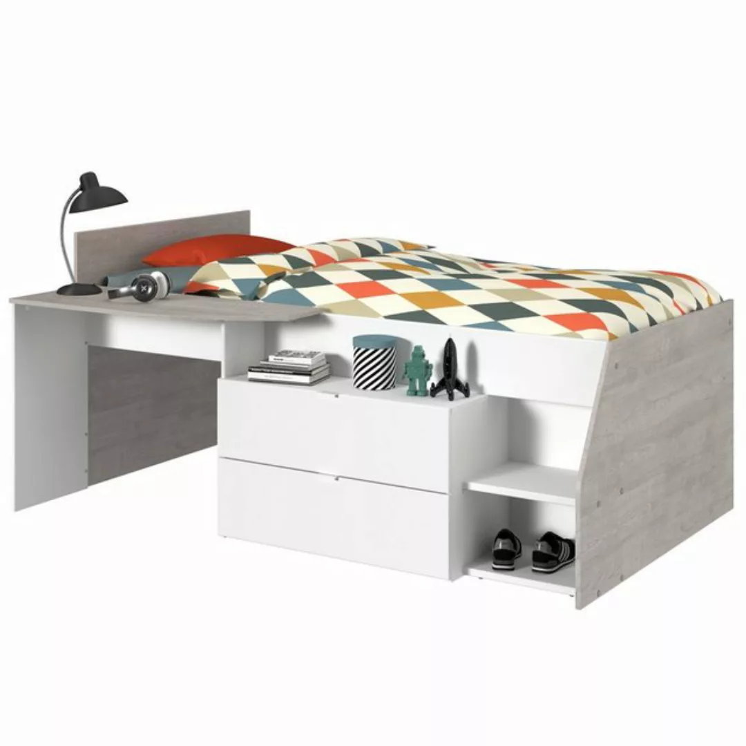Kinderbett mit Schreibtisch & Stauraum - 90 x 190/200 cm - Weiß & Naturfarb günstig online kaufen