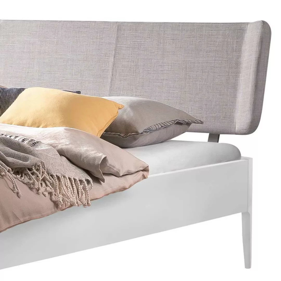 Doppelbett massiv Buche weiss in modernem Design Polsterkopfteil in Grau günstig online kaufen