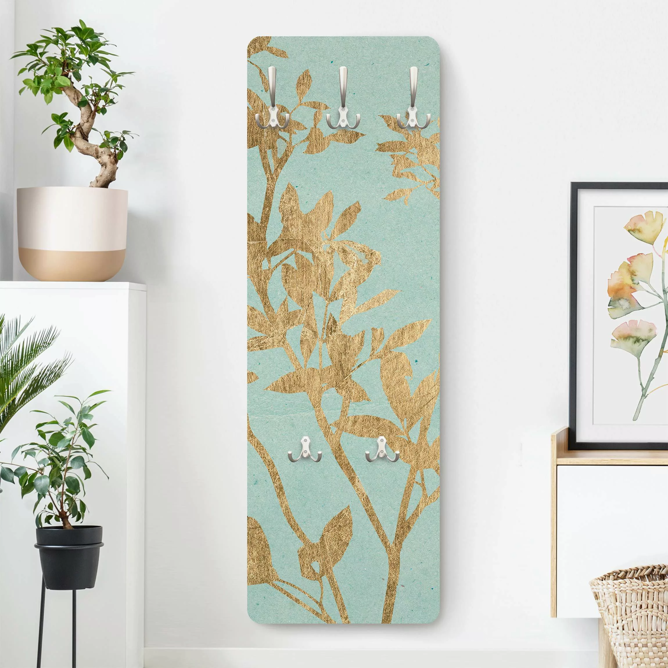 Wandgarderobe Holzpaneel Blumen Goldene Blätter auf Turquoise II günstig online kaufen