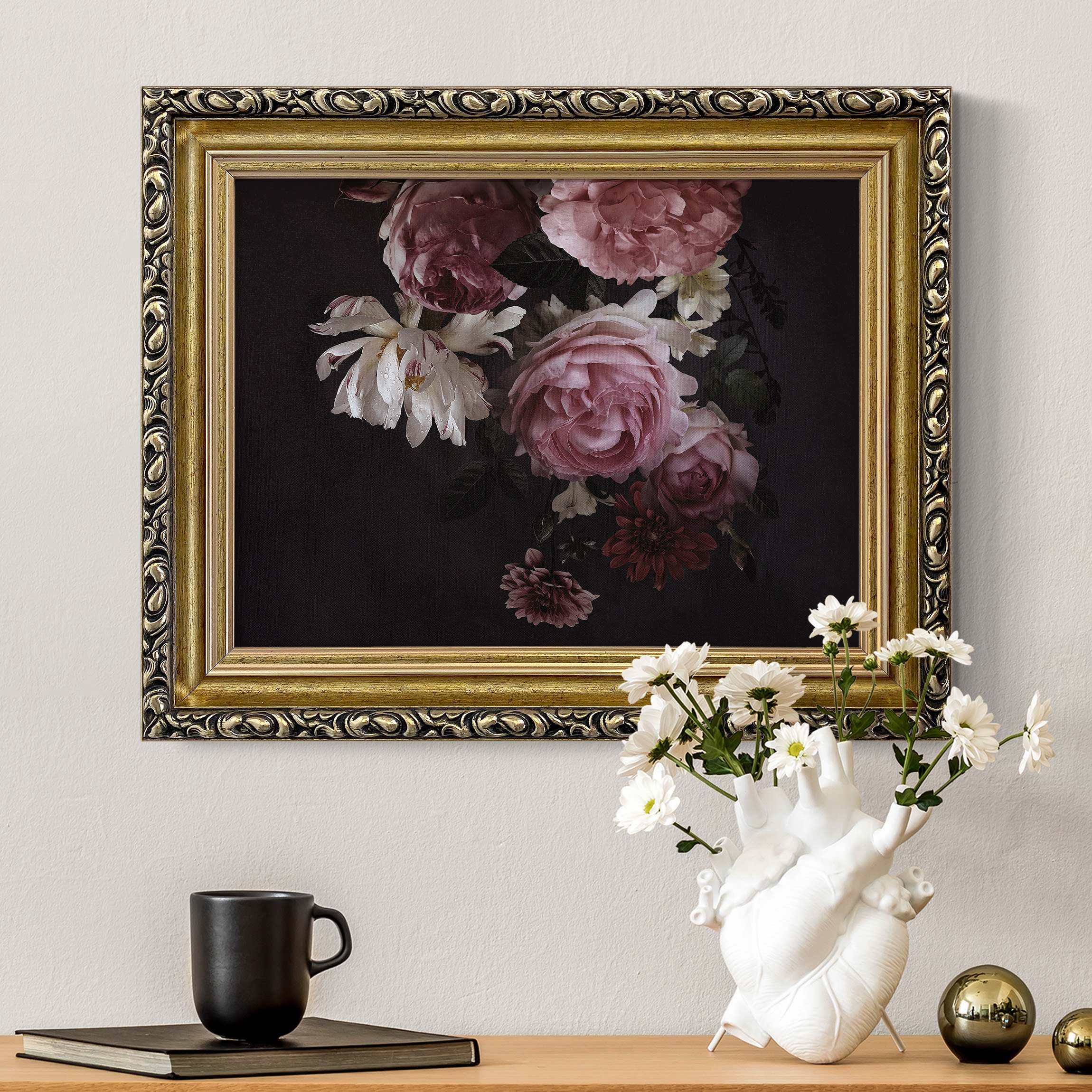 Gerahmtes Leinwandbild Rosa Blumen auf Schwarz Vintage günstig online kaufen