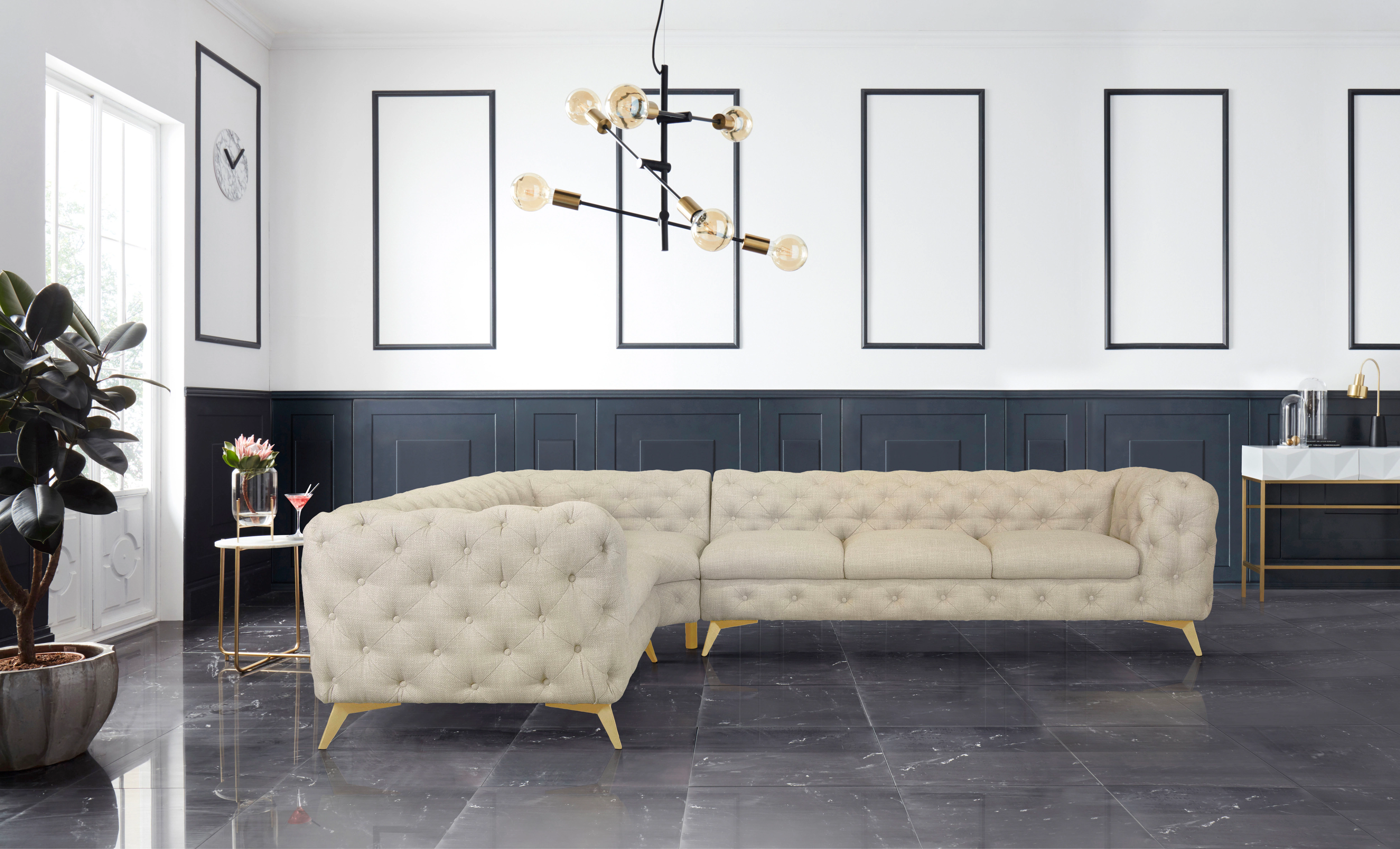 Leonique Chesterfield-Sofa "Ecksofa GLYNIS L-Form mit Wellenunterfederung, günstig online kaufen