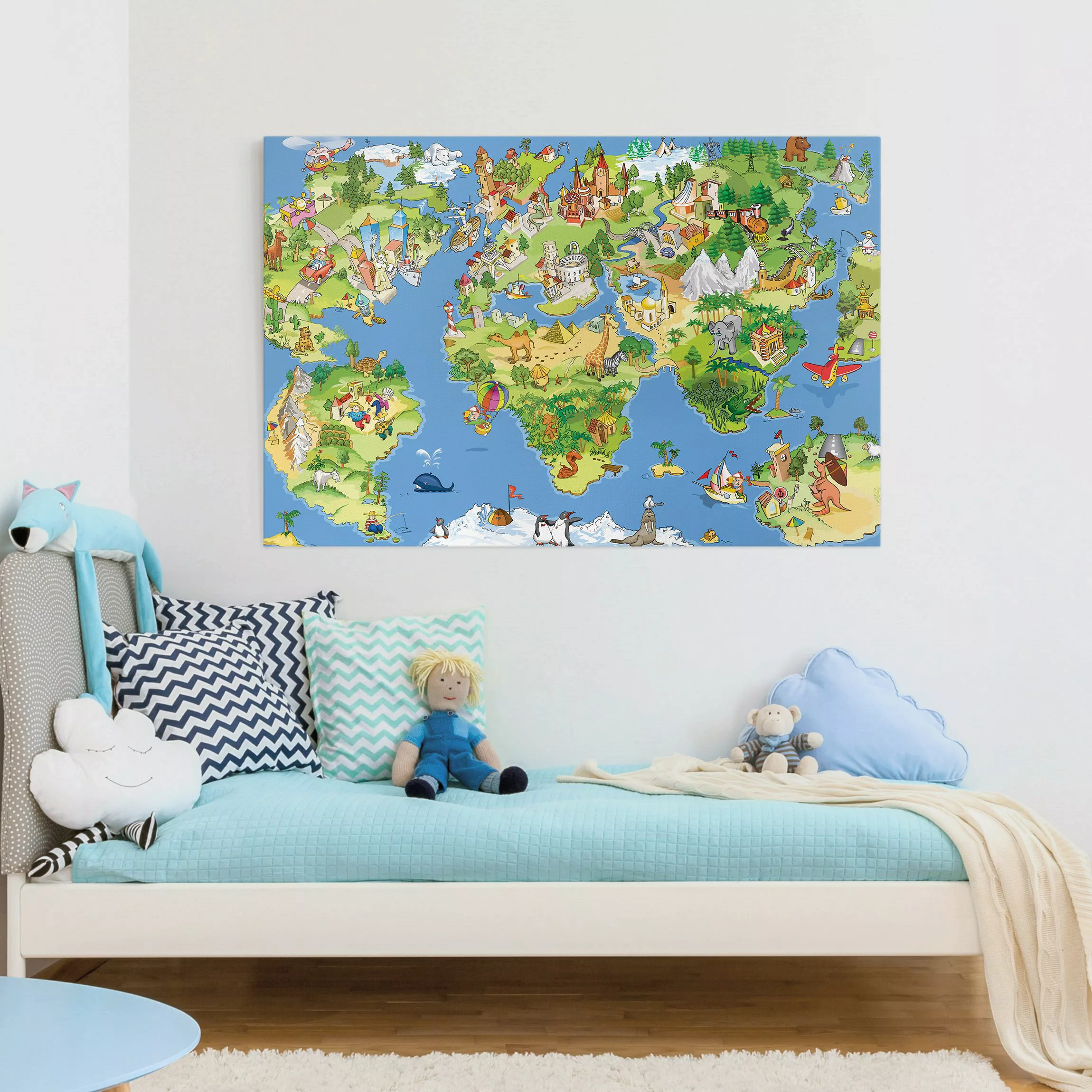 Leinwandbild Kinderzimmer - Querformat Great and Funny Worldmap günstig online kaufen