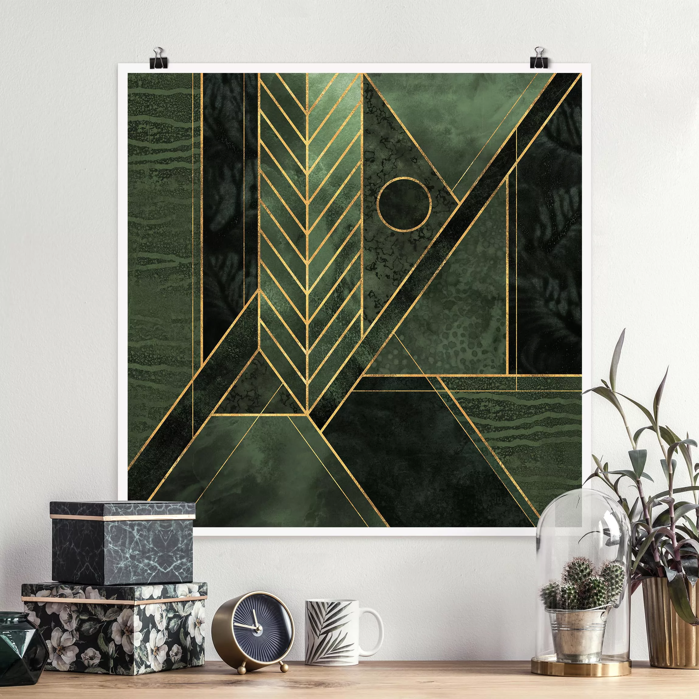 Poster Abstrakt - Quadrat Geometrische Formen Smaragd Gold günstig online kaufen