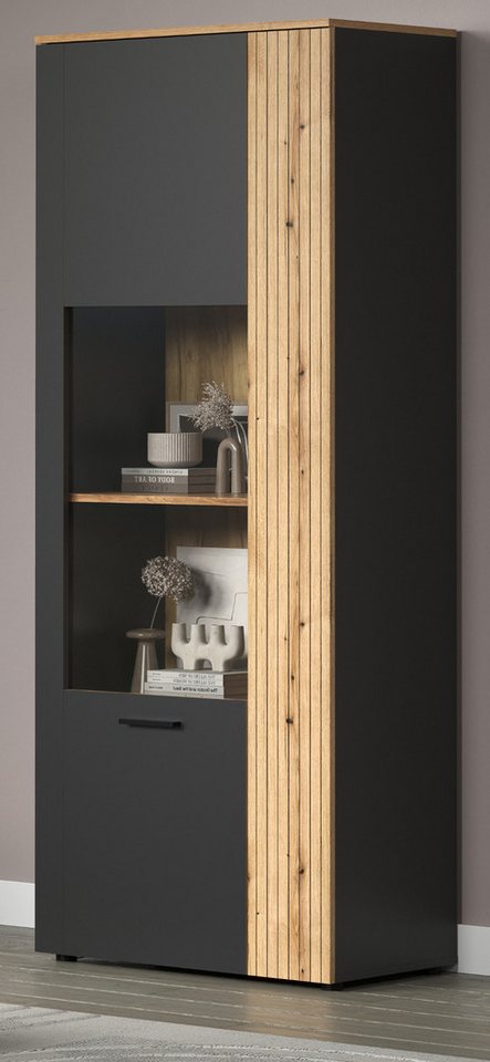 Furn.Design Stauraumvitrine Avila (großer Vitrinenschrank in matt grau mit günstig online kaufen