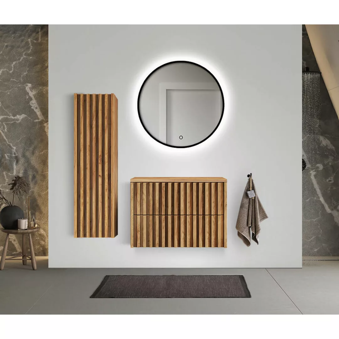 Badmöbel Set modern 3-teilig Eiche Desio-107 beleuchteter Spiegel günstig online kaufen