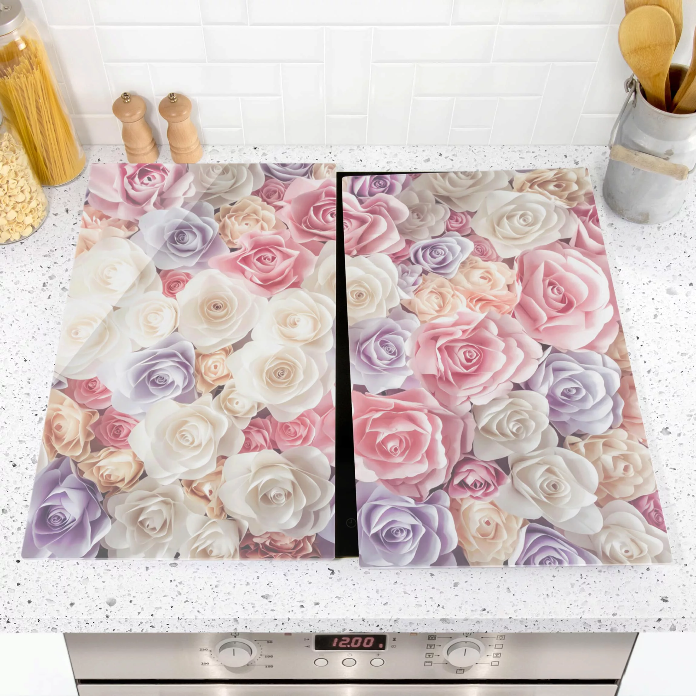 2-teilige Herdabdeckplatte Glas Blumen Pastell Paper Art Rosen günstig online kaufen