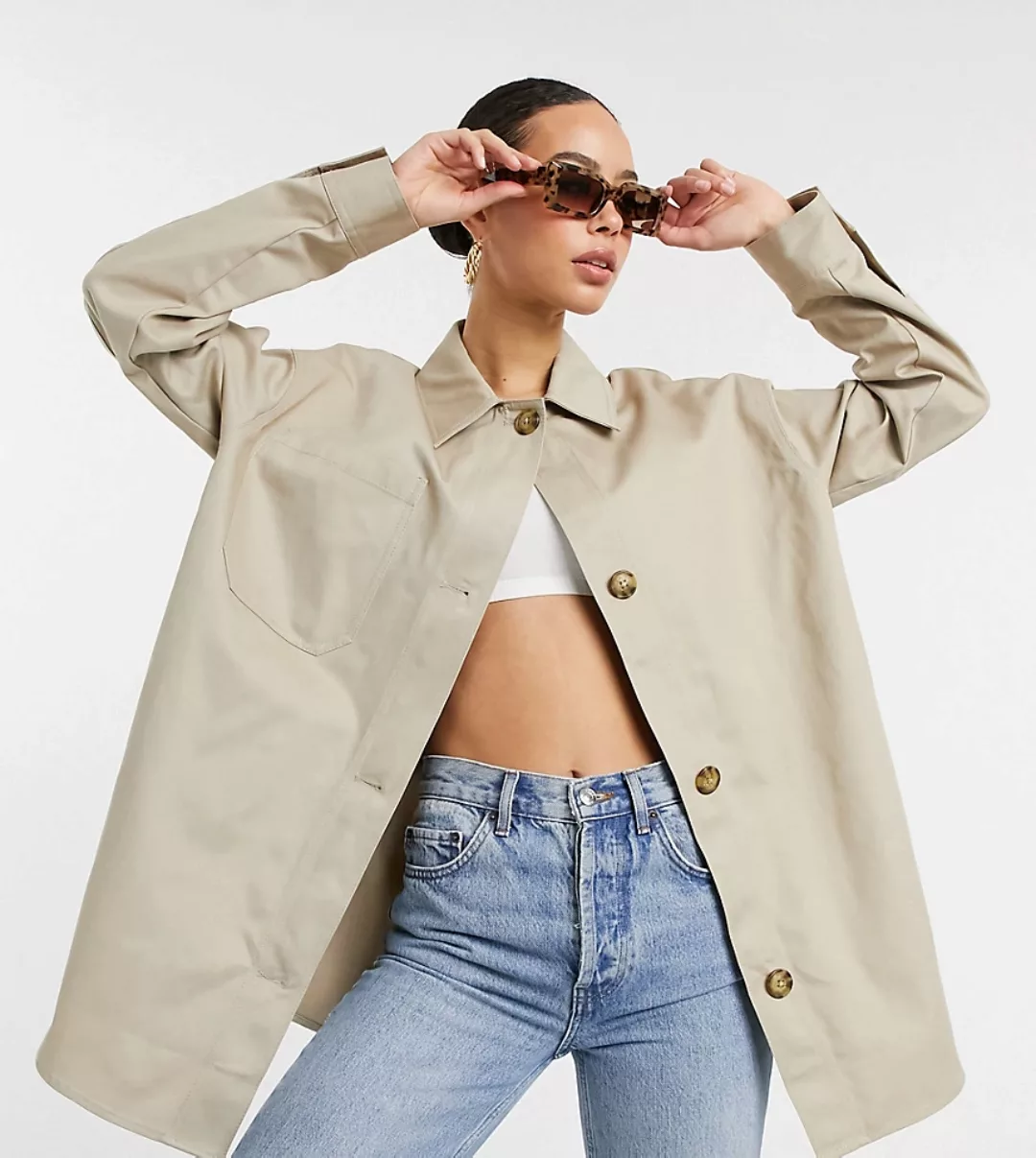ASOS DESIGN Tall – Hemdjacke aus Baumwolle in Stein-Neutral günstig online kaufen