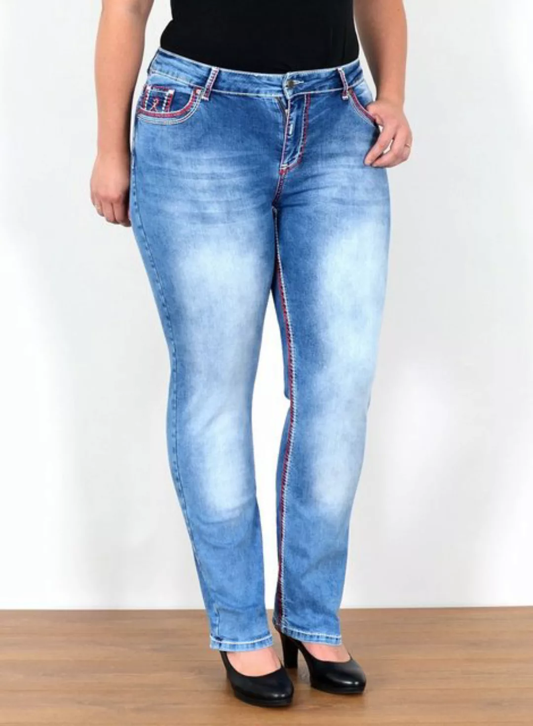 ESRA Straight-Jeans FG12 Straight Fit Jeans Damen High Waist Hose Kontrastn günstig online kaufen