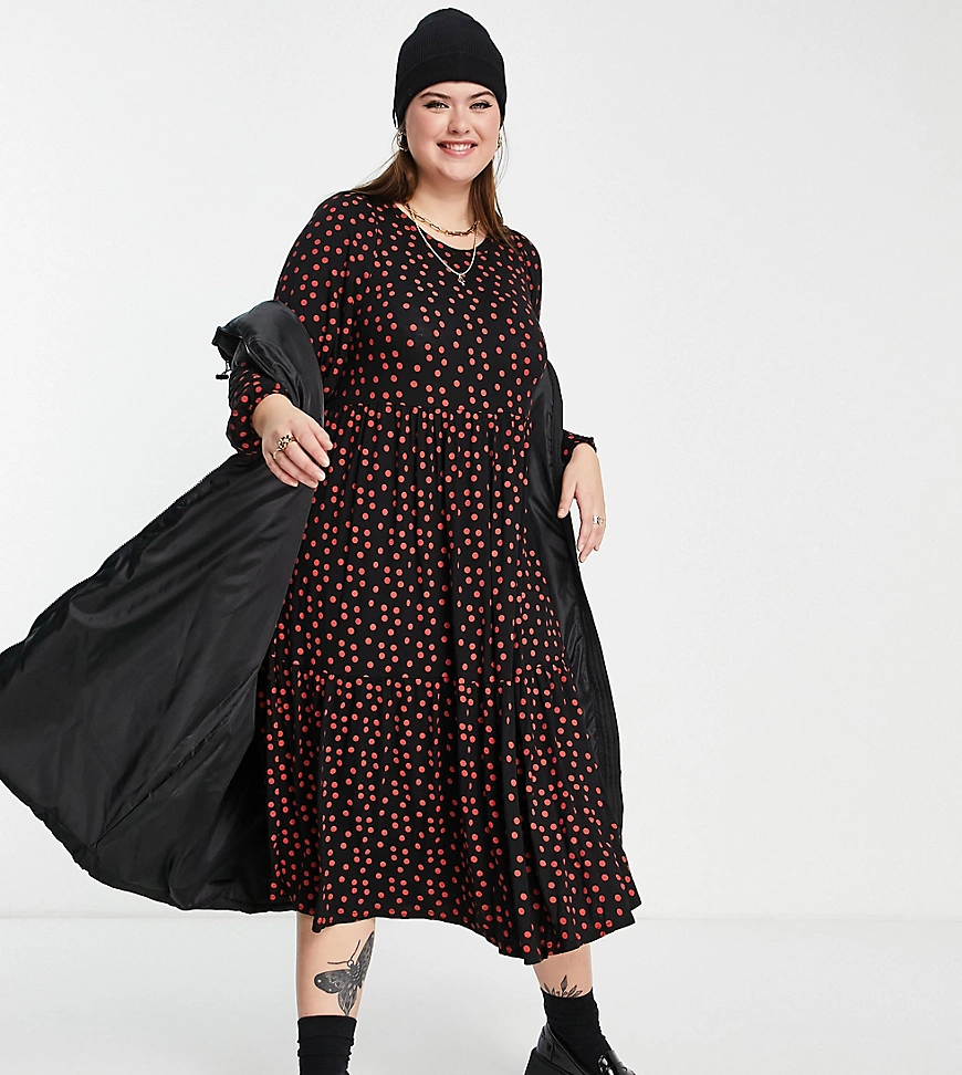 Yours – Gestuftes Midikleid in Schwarz mit Punktemuster günstig online kaufen