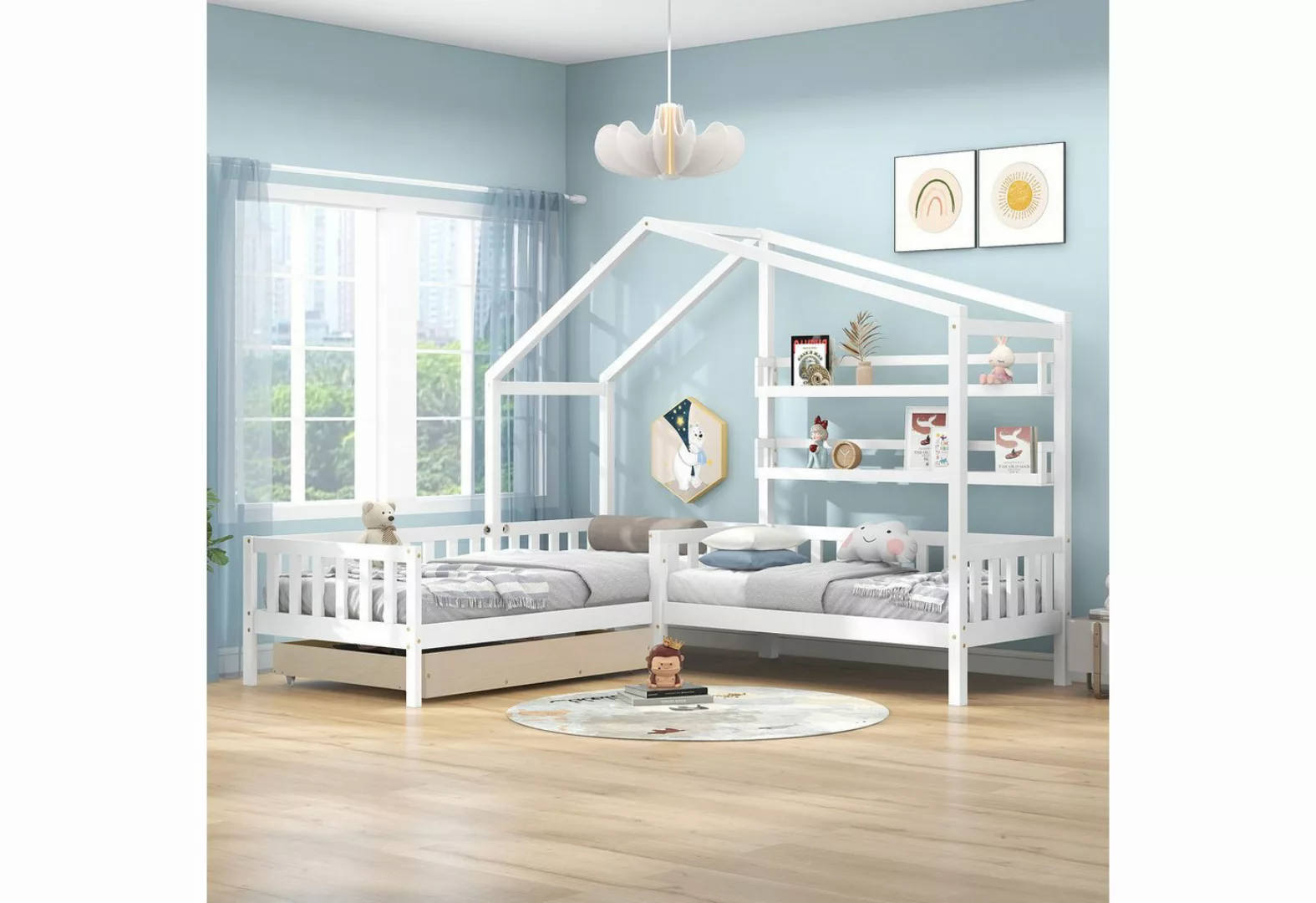 TavilaEcon Kinderbett L-Struktur Hausbett mit Schubladen und Regalen, mit Z günstig online kaufen