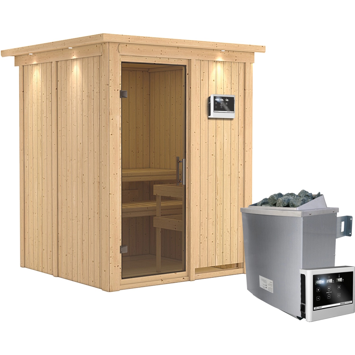 Karibu Sauna Norna inkl. Ofen 9 kW mit ext. Steuerung, Dachkranz, Tür Graph günstig online kaufen
