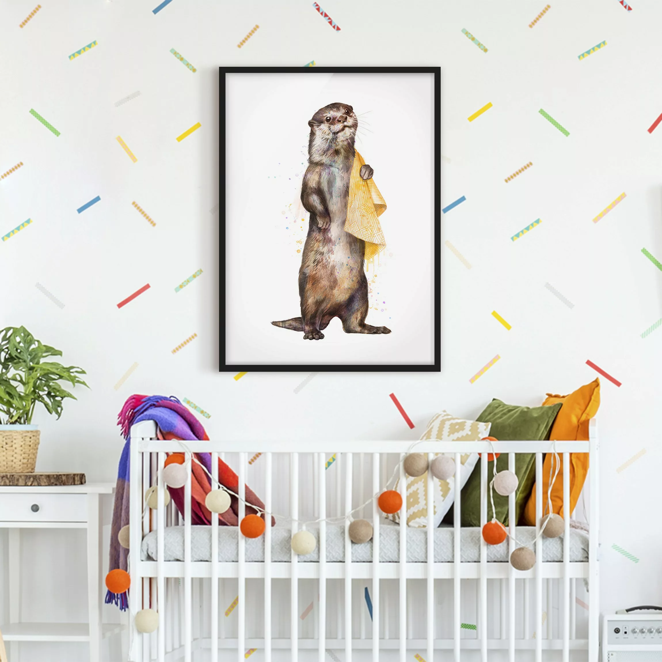 Bild mit Rahmen Tiere - Hochformat Illustration Otter mit Handtuch Malerei günstig online kaufen