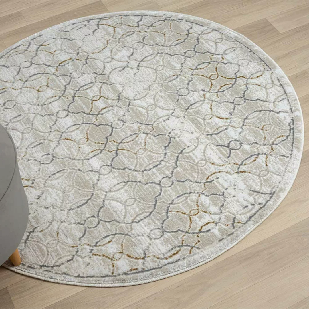 Kachelmuster Teppich rund in Creme und Hellgrau 120 cm Durchmesser günstig online kaufen