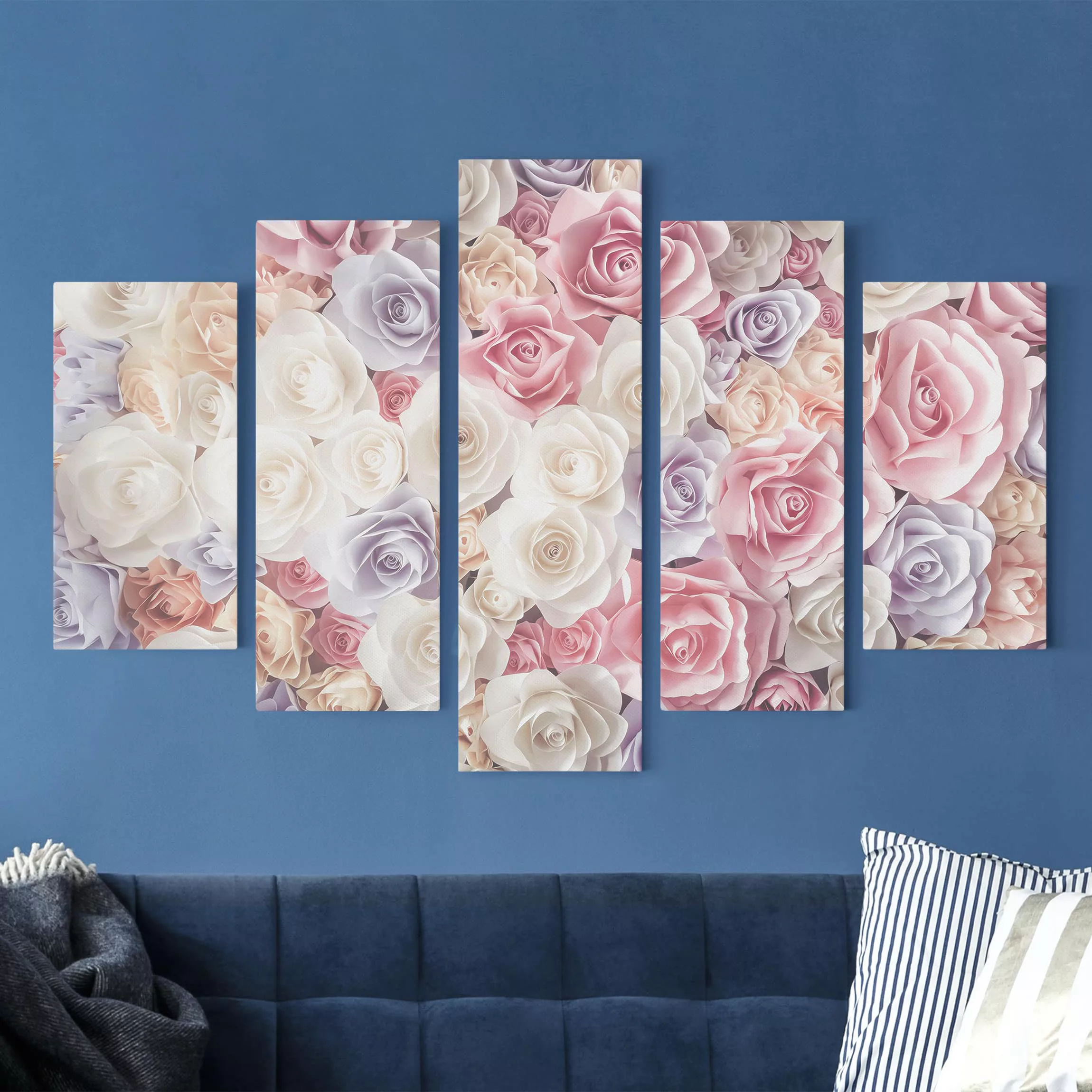 5-teiliges Leinwandbild - Querformat Pastell Paper Art Rosen günstig online kaufen