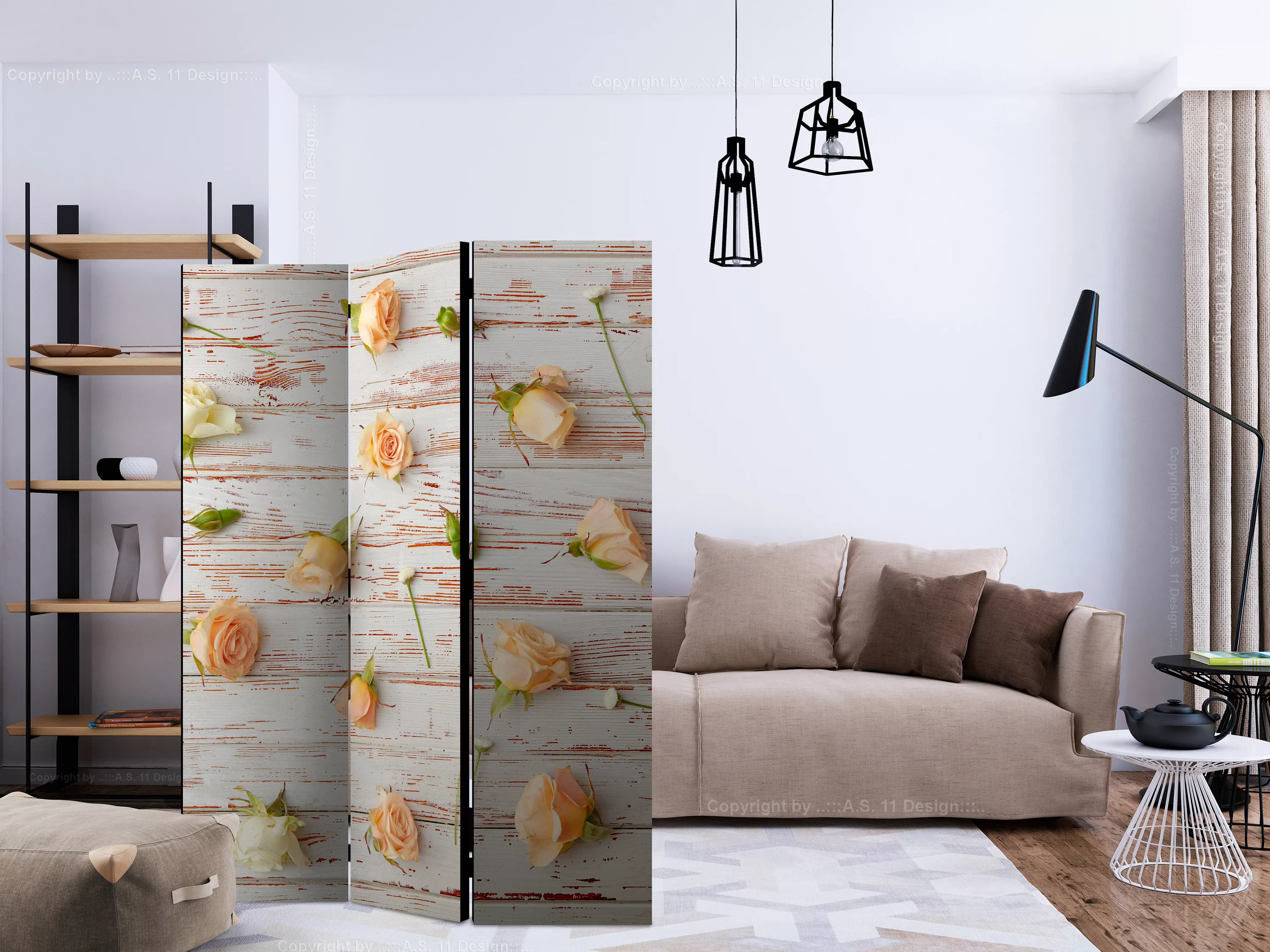 3-teiliges Paravent - Wood & Roses [room Dividers] günstig online kaufen