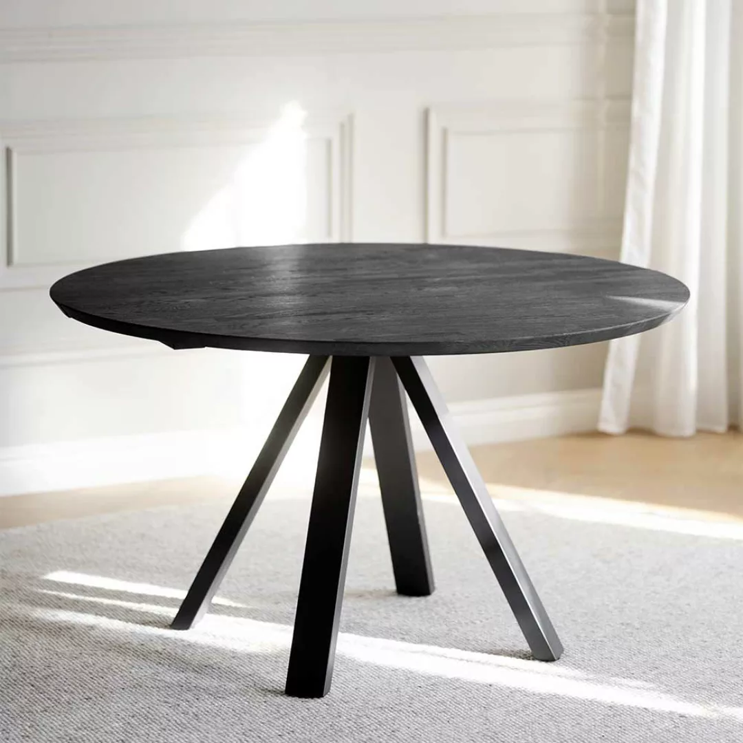 Schwarzer Küchen Tisch aus Eiche Massivholz und Metall rund günstig online kaufen