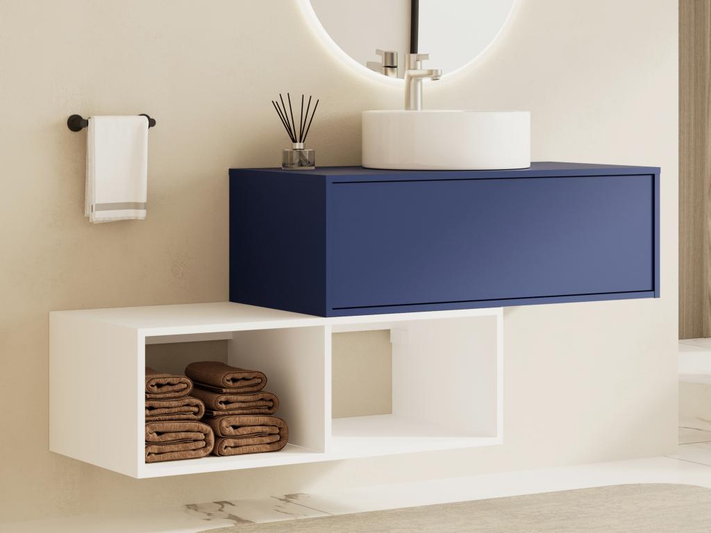 Waschbeckenunterschrank hängend mit rundem Waschbecken - 1 blaue Schublade günstig online kaufen