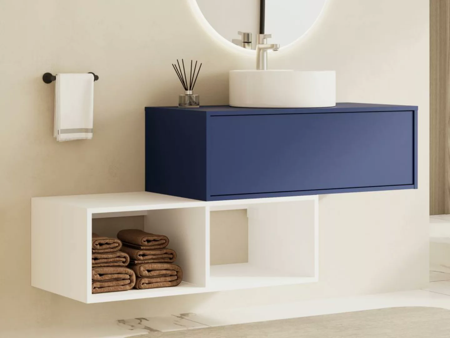 Waschbeckenunterschrank hängend mit rundem Waschbecken - 1 blaue Schublade günstig online kaufen