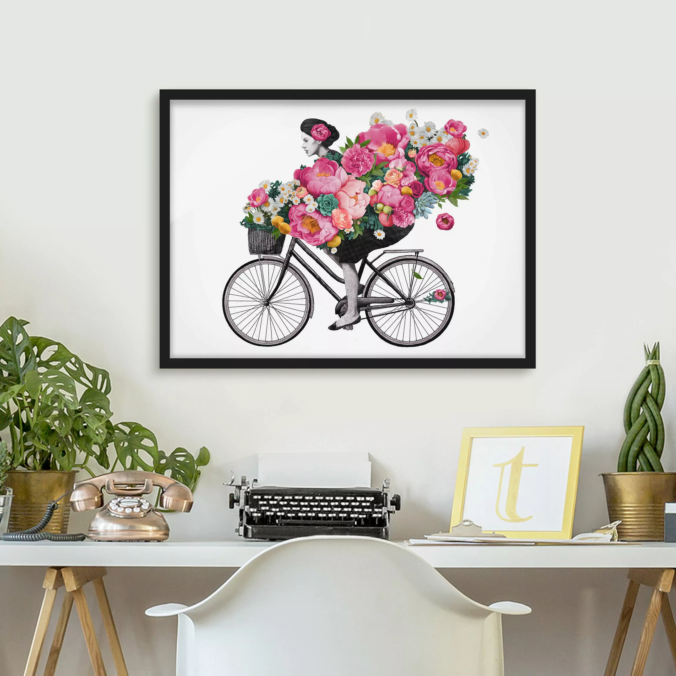 Bild mit Rahmen Blumen - Querformat Illustration Frau auf Fahrrad Collage b günstig online kaufen