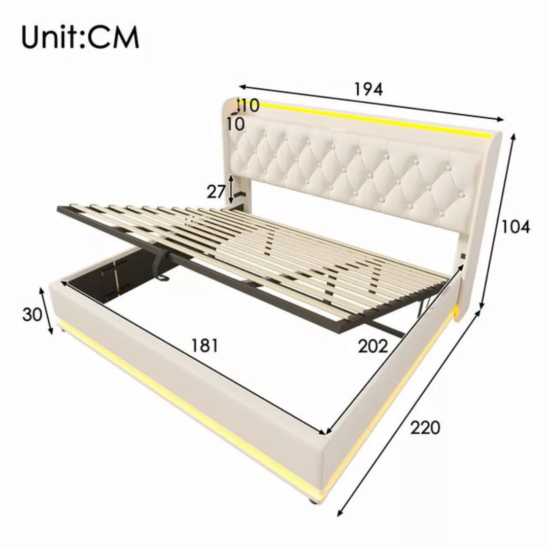 OKWISH Polsterbett mit Bettkasten, Lattenrost,LED-Lichtleiste,Ladeanschluss günstig online kaufen