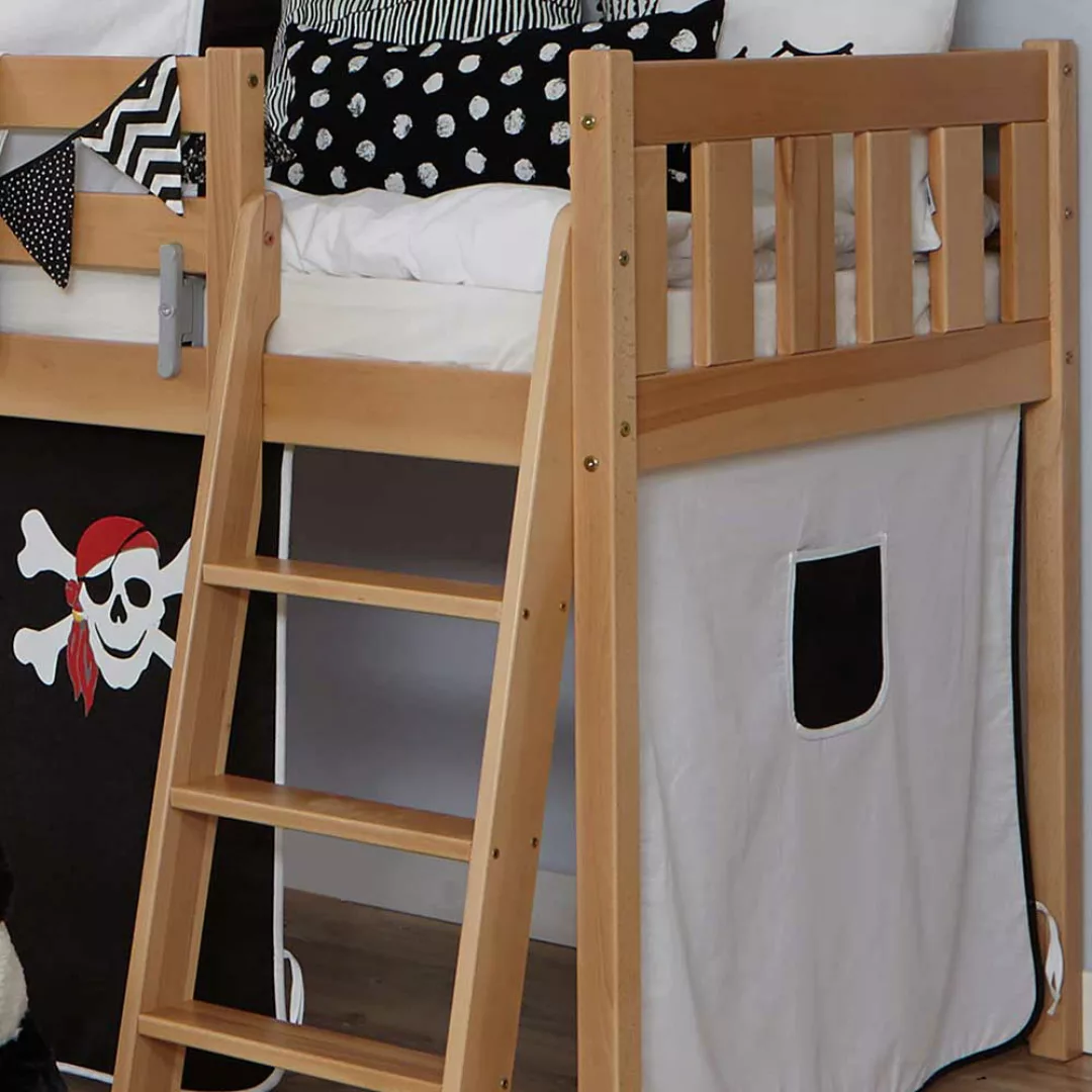Piratenbett in Buchefarben Weiß und Schwarz Massivholz und Webstoff günstig online kaufen