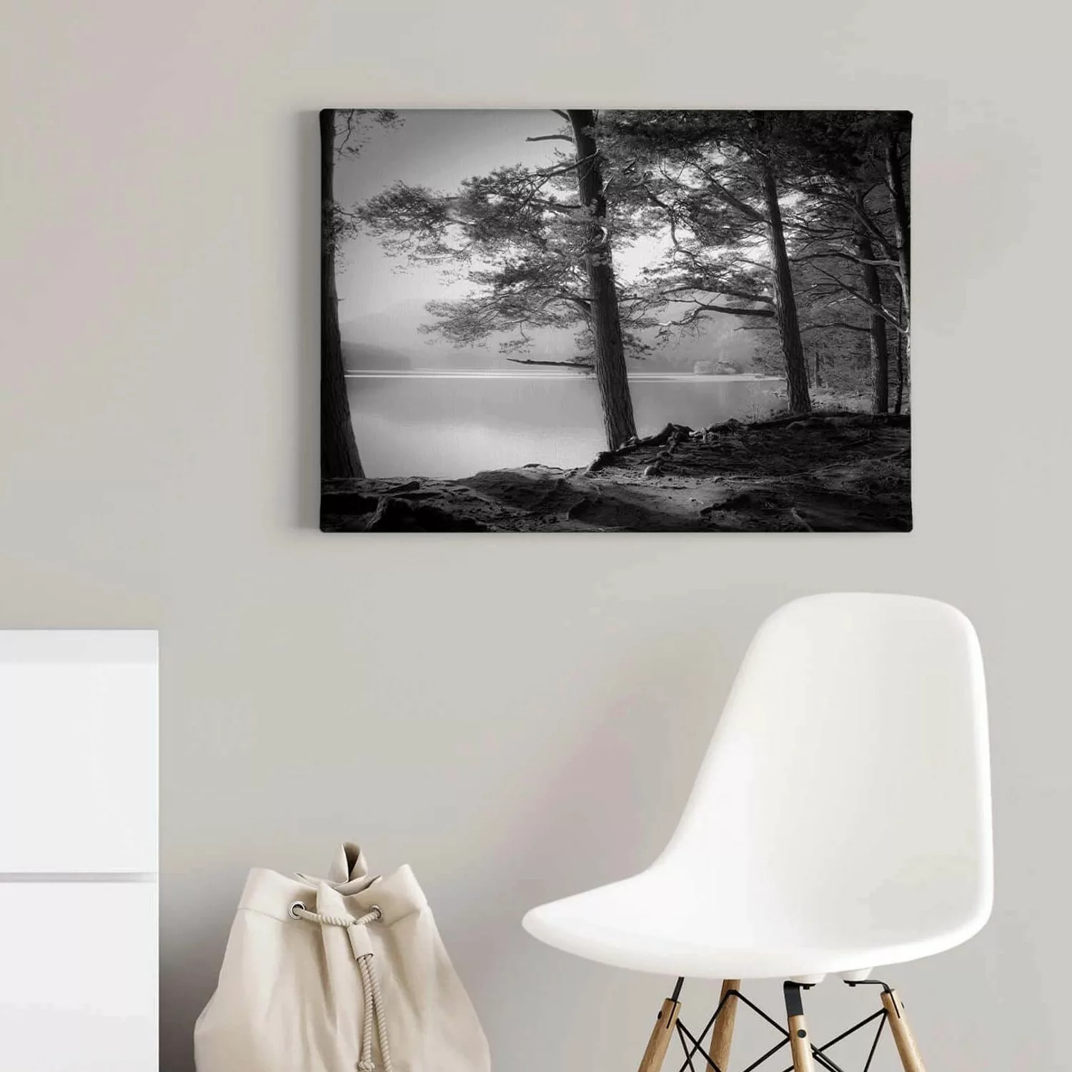 Bricoflor Wandbild Mit See Leinwand Bild Mit Wald In Schwarz Weiß Für Flur günstig online kaufen