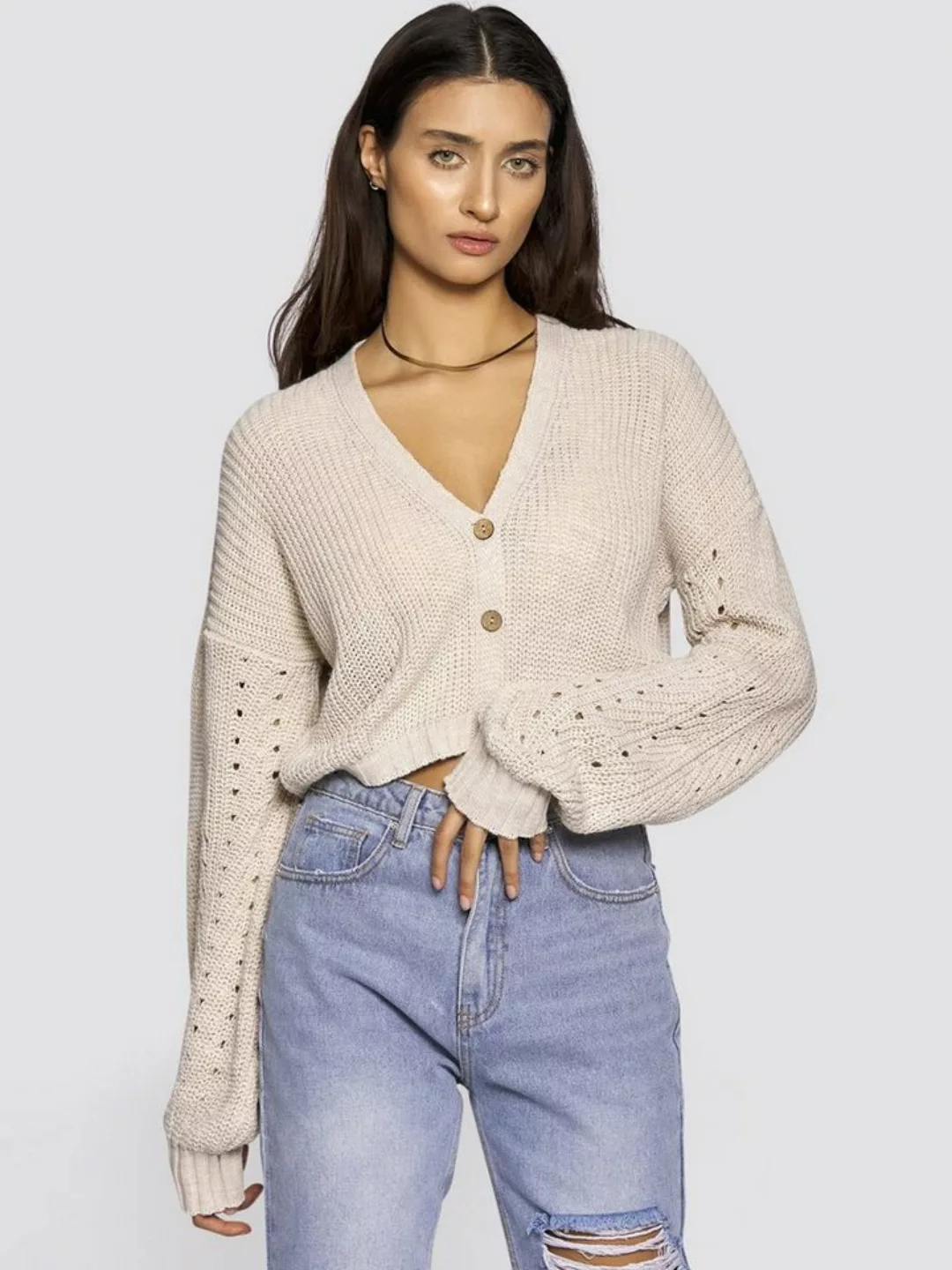 Freshlions Cardigan Crop Cardigan mit Knopfleiste in beige - L günstig online kaufen