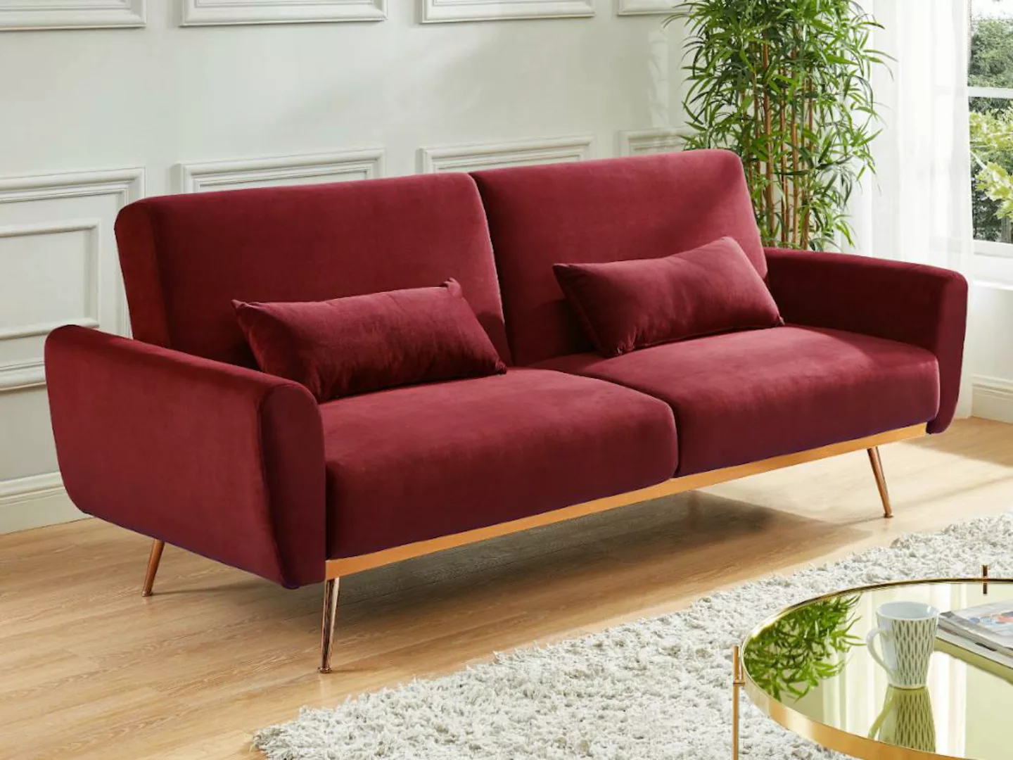 Schlafsofa Klappsofa 3-Sitzer - Samt - Bordeauxrot - LAUNEI günstig online kaufen