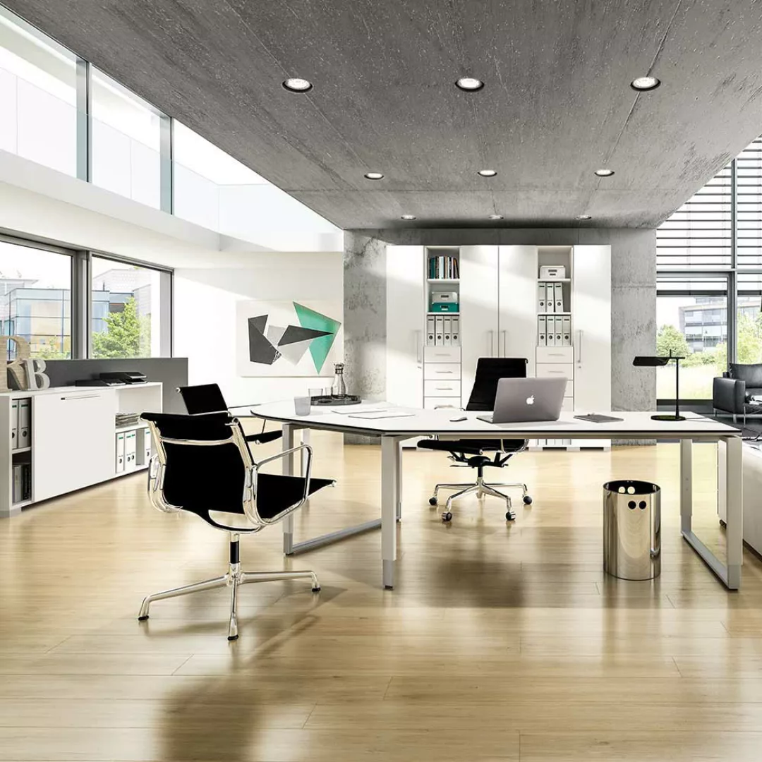 Höhenverstellbarer Schreibtisch in L- Form Weiß günstig online kaufen