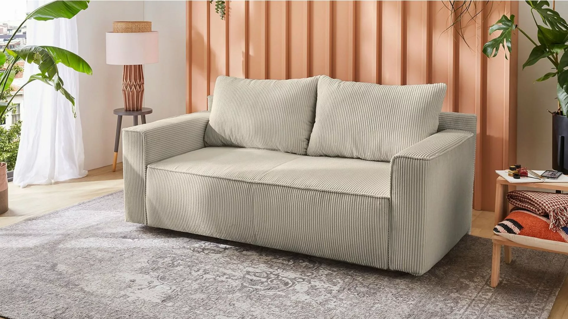 Massivart® Schlafsofa RON Cord grau-beige 185 cm mit Bettfunktion / Cordsof günstig online kaufen