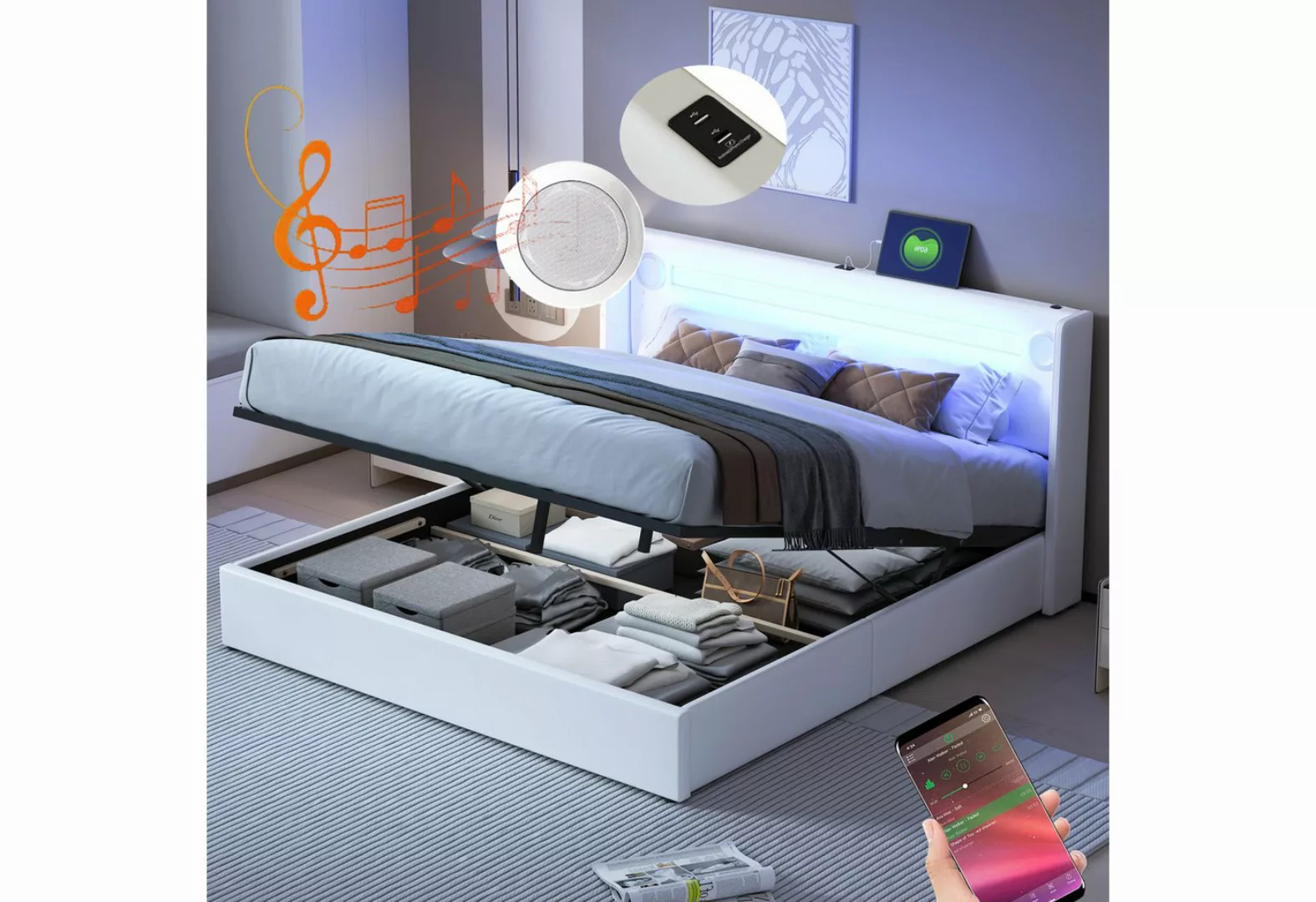 MODFU Polsterbett Kinderbett mit LED-Lichtleiste, Bluetooth-Player und USB- günstig online kaufen
