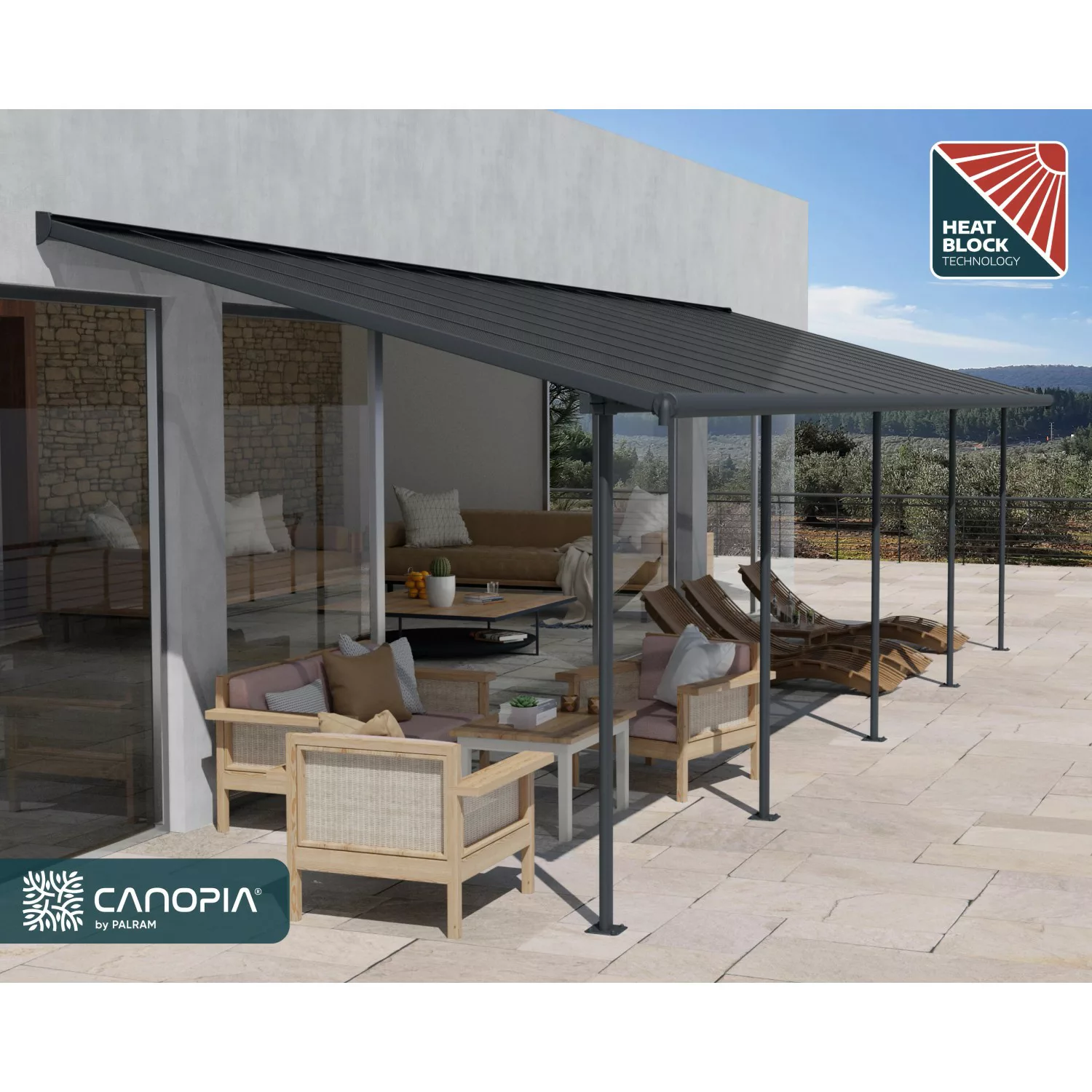 Palram - Canopia Terrassenüberdachung Capri 851 cm x 300 cm Anthrazit Grau günstig online kaufen